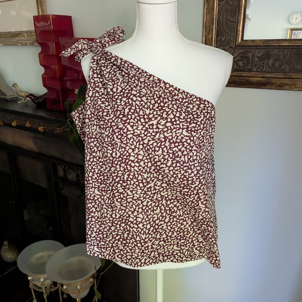 NEW GAP Women's Large Tall One Shoulder Tie Top Sploth Spot Print Plum NWT 119
